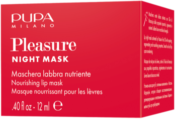 Czerwone pudełko PUPA MILANO Pleasure NIGHT MASK, odżywcza maska do ust, widok z przodu.