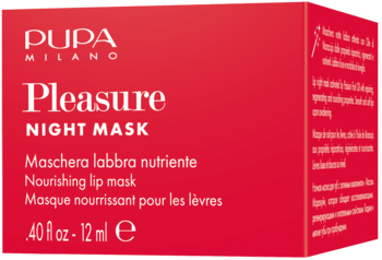 Czerwone pudełko PUPA MILANO Pleasure NIGHT MASK, odżywcza maska do ust, widok z przodu.