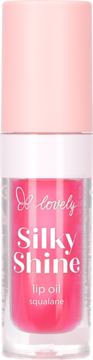 Lovely Silky Shine lip oil squalane, różowy, w przezroczystej butelce z jasnoróżową zakrętką, widok z przodu.