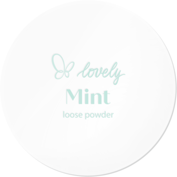 Puder sypki Lovely Mint, transparentny i chłodzący, w okrągłym białym opakowaniu z logo i napisem.