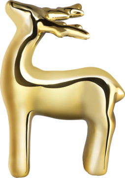 Błyszcząca, złota figurka jelenia z widocznym porożem, stojąca bokiem. Elegancka, minimalistyczna ozdoba metalowa.