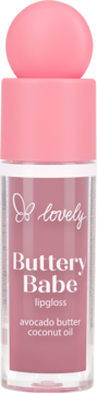 Różowy błyszczyk Lovely Buttery Babe z awokado i kokosem, przezroczysta tubka z różową nakrętką, widok z przodu.