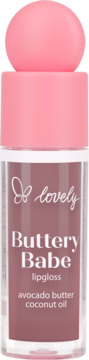 Lovely Buttery Babe lipgloss z avocado butter i coconut oil w przezroczystej butelce z różową nakrętką, widok z przodu.