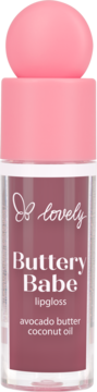 Błyszczyk Lovely Buttery Babe z masłem awokado, olejem kokosowym, w przezroczystej tubce z różową nakrętką, widok z przodu.