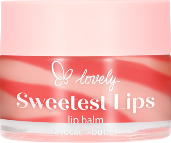 Lovely Sweetest Lips lip balm w okrągłym słoiczku z różową zakrętką, z widocznym różowo-białym wzorem i napisem 'avocado butter'.