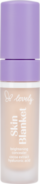 Lovely Skin Blanket rozjaśniający korektor, butelka beżowa z liliową nakrętką, z kakao i kwasem hialuronowym.