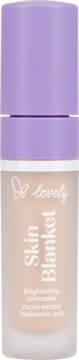 Lovely Skin Blanket rozjaśniający korektor z kwasem hialuronowym w beżowej butelce z fioletową nakrętką.