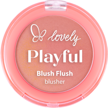 Okrągły róż Lovely Playful Blush Flush Poppy w różowym opakowaniu. Pudrowo-kremowa formuła, naturalny rumieniec.