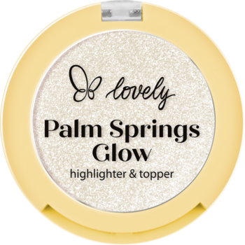 Żółty, okrągły rozświetlacz Lovely Palm Springs Glow w odcieniu Flamingo, widok z góry, z perłowym produktem.