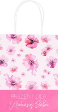 Torba prezentowa z różowymi, akwarelowymi kwiatami i białym napisem "PREZENT DLA Ukochanej Baby" na białym tle.