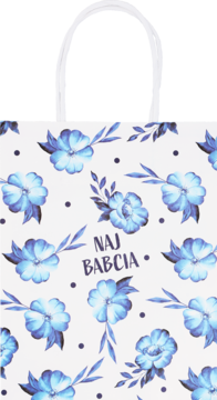 Biała torebka prezentowa z wzorem niebieskich kwiatów i liści, napis 'NAJ BABCIĄ' na środku, z widocznym uchwytem.