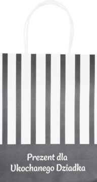 Biało-szara torba prezentowa w pionowe paski z napisem "Prezent dla Ukochanego Dziadka", widok z przodu.