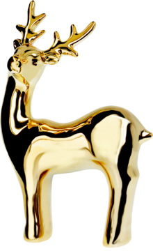 Lśniąca złota figurka jelenia z dużym porożem, widok z boku, idealna jako świąteczna dekoracja domu.