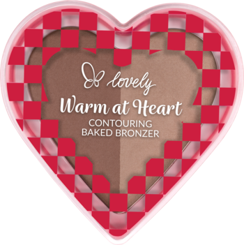 Wypiekany bronzer Lovely Warm At Heart, sercowate opakowanie, dwa matowe odcienie brązu, czerwono-biała kratka.