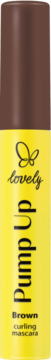 Lovely Pump up Brown curling mascara in a yellow tube with a brown cap, black butterfly logo and text. Front view.