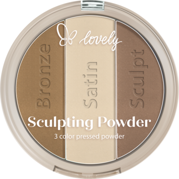 Lovely Sculpting Powder, okrągła paleta z 3 pudrami: brąz, beż i brąz do konturowania, widok z góry.