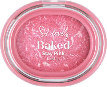 Róż Lovely Stay Pink Baked Blusher w owalnym, różowym opakowaniu z marmurkowym pudrem, widok z góry.