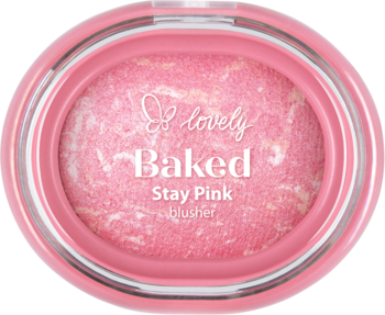Owalny rozświetlający róż Lovely Baked Stay Pink, różowy z złotymi drobinkami, w przezroczystym opakowaniu.