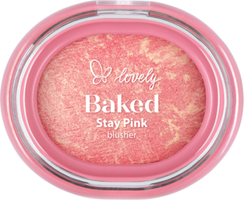 Róż Lovely Stay Pink Baked blusher w różowym opakowaniu, widok z góry, z marmurkowym wzorem i złotymi drobinkami.