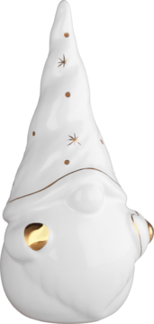 Biała ceramiczna figurka gnomu ze złotymi kropkami i gwiazdkami, błyszczące wykończenie, widok pod kątem.