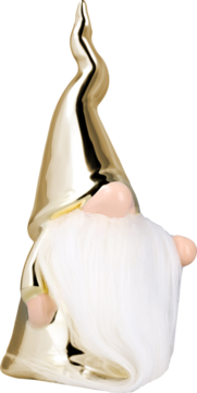 Złoty krasnal świąteczny z błyszczącą, szpiczastą czapką i długą, puszystą białą brodą, widok z boku.