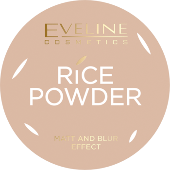 Okrągły puder ryżowy Eveline Cosmetics Rice Powder, beżowy z białym napisem, widok z przodu, matujący efekt.
