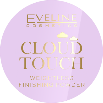 Okrągły, liliowy puder utrwalający Eveline Cloud Touch z matującym efektem i złotym napisem.