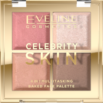 Eveline Celebrity Skin 4w1 Multitasking Baked Face Palette. Złote opakowanie, bronzer, rozświetlacz, dwa róże.