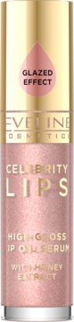 Eveline Celebrity Lips High Gloss Lip Oil Serum, różowo-złoty z brokatem, z miodem, efekt glazed, widok z przodu.