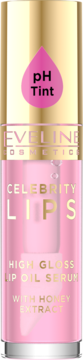 Eveline Celebrity Lips pH Tint olejek do ust z miodem, różowa butelka, złota zakrętka, widok z przodu.