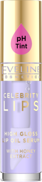 Eveline Celebrity Lips pH Tint Lip Oil Serum z miodem, w fioletowej tubce ze złotem, widok z przodu.