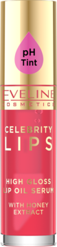 Eveline Celebrity Lips pH Tint lip oil serum, czerwono-różowe. Złota nakrętka z różową kroplą 'pH Tint'. Widok z przodu.