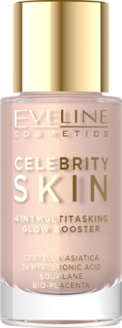 Eveline Celebrity Skin 4w1 Glow Booster, blady róż w szklanej butelce ze złotą zakrętką, widok z przodu.