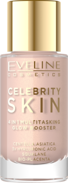 Eveline Celebrity Skin 4w1 Glow Booster, blady róż w szklanej butelce ze złotą zakrętką, widok z przodu.