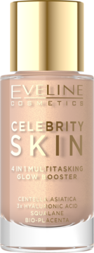 Eveline Celebrity Skin 4in1 Glow Booster, beżowy fluid z kwasem hialuronowym w szklanej butelce, złota nakrętka.