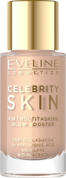Eveline Celebrity Skin 4in1 Glow Booster, beżowy fluid z kwasem hialuronowym w szklanej butelce, złota nakrętka.