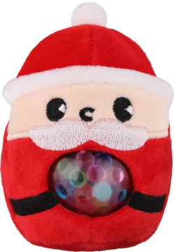 Zabawka sensoryczna pluszowy Mikołaj, czerwony z białym futerkiem, przezroczysty brzuszek z tęczowymi koralikami.