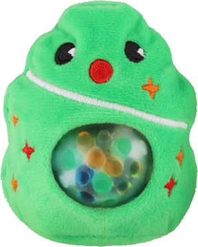 Zielony pluszak sensoryczny z miękkiego materiału, przezroczystym okienkiem z kolorowymi kulkami i haftami.