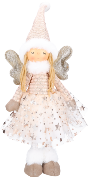 Pluszowy aniołek dekoracyjny, beżowy, z dzianinową czapką, brokatowymi skrzydłami i spódnicą w gwiazdki.