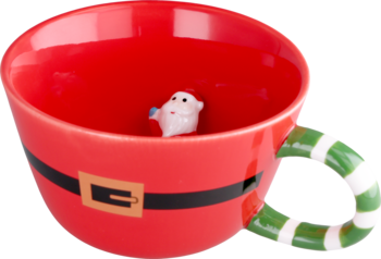 Czerwony kubek świąteczny Mikołaj, z figurką 3D na dnie i uchwytem w zielono-białe paski. Widok z góry.