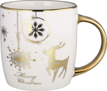 Biały świąteczny kubek porcelanowy ze złotymi zdobieniami: renifer, płatki śniegu, "Merry Christmas", widok z boku.