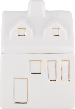 Biały ceramiczny domek dekoracyjny z dachem, kominem i złotymi ramami okien, widok z przodu.