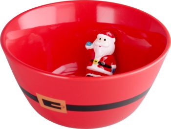 Czerwona miska świąteczna z wzorem paska Świętego Mikołaja i figurką Mikołaja w środku.