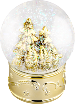 Kula śnieżna ze złotymi choinkami i brokatem, na błyszczącej złotej podstawie, świąteczna dekoracja, widok z przodu.