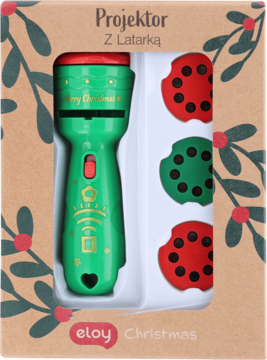 Zielony projektor świąteczny z latarką i trzema dyskami, w otwartym, brązowym pudełku z motywem liści.