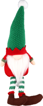 Świąteczny krasnal z zieloną, dzierganą czapką z białym pomponem, czerwoną tuniką i pasiastymi nogami na białym tle.