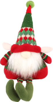 Siedzący pluszowy skrzat świąteczny z zielono-czerwoną dzierganą czapką z pomponem i białym zarostem.