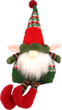 Gnom świąteczny, siedzący pluszowy krasnal z długą białą brodą, w dzianinowej czerwono-zielonej czapce i stroju, nogi zwisają.
