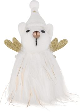 Biała, świąteczna figurka aniołka misia z czapką, złotymi skrzydełkami i pierzastym, stożkowym korpusem.