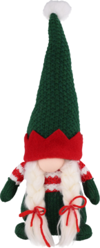 Świąteczny krasnal w zielonej czapce z pomponem i czerwonym rondem, białe warkocze z kokardkami, widok z przodu.
